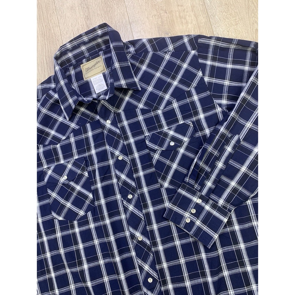 Wranglers Western Shirts Pearl Snap 2XL Blue Plaid Long Sleeve Button Up Pockets